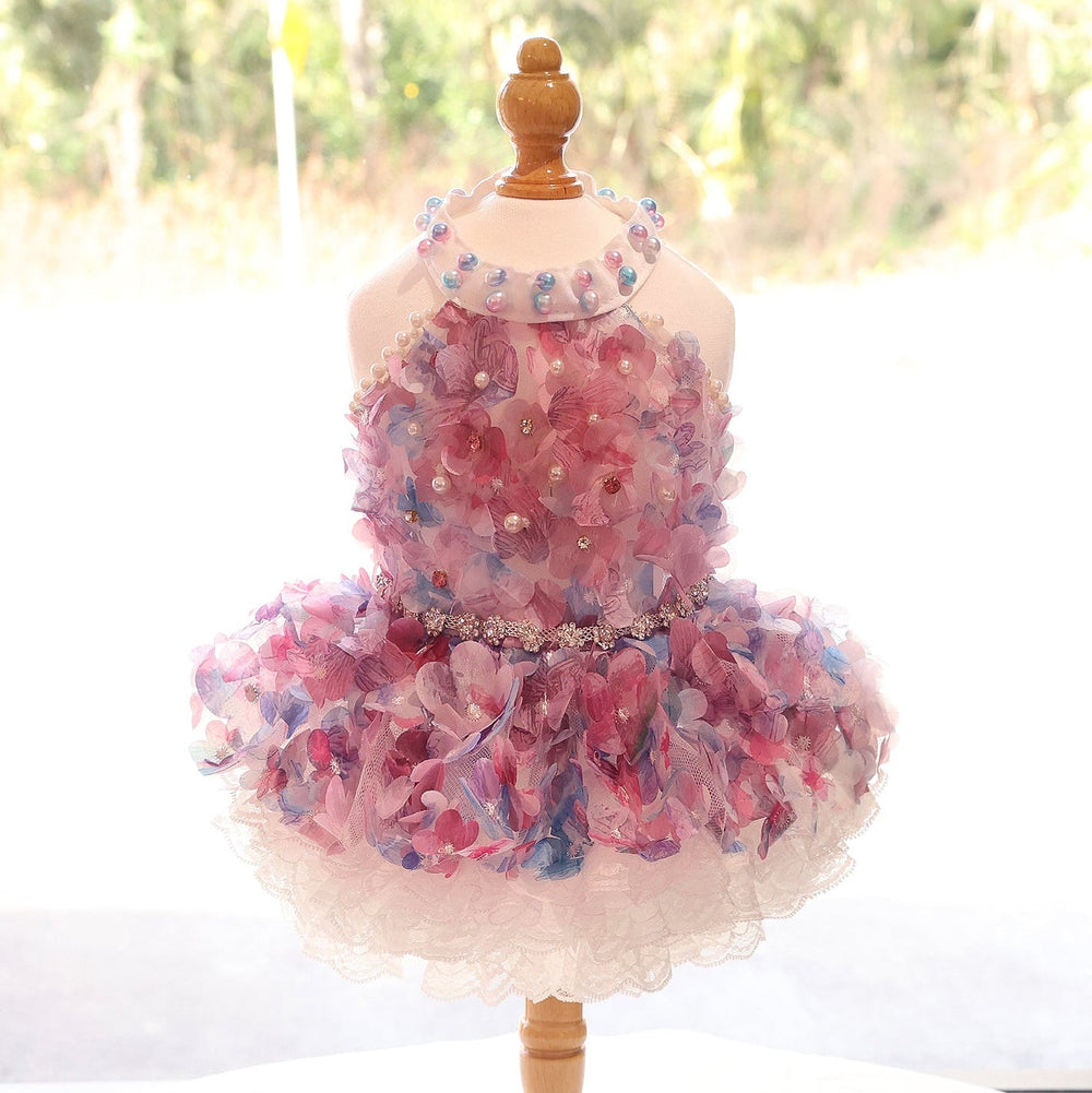 Handmade Pastel Floral Pet Dress with Pearl Collar & Lace Tutu - Party Outfit
