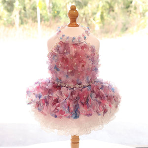Handmade Pastel Floral Pet Dress with Pearl Collar & Lace Tutu - Party Outfit