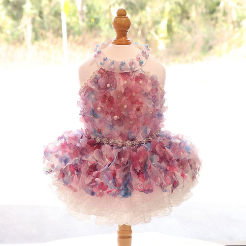 Handmade Pastel Floral Pet Dress with Pearl Collar & Lace Tutu - Party Outfit