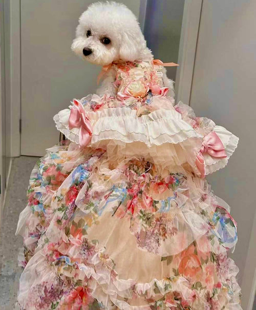 Blush Garden Princess Couture Dog Dress – Floral Ruffle Wedding Gown with Pink Bow Train