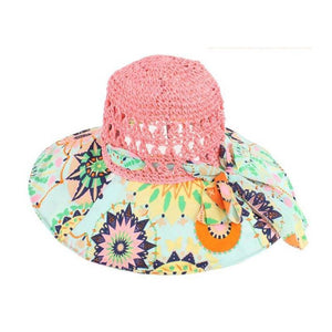 Women's Patterned Straw Beach Sun Hat – Round Crown UV Protection Summer Hat