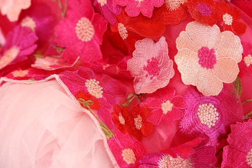 Handmade Rosy Bloom Princess Couture Dog Dress – Hot Pink Floral Embroidery Wedding Gown with Long Train
