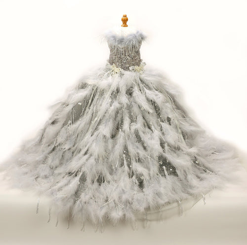 Silver Swan Feather Couture Dog Dress – Luxury Crystal Wedding Gown with Feather Train & Pearl Details