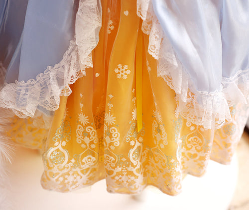 Luxury Fairytale Princess Dog Dress – Blue & Gold Royal Puppy Ball Gown with Sequin Bow Detail