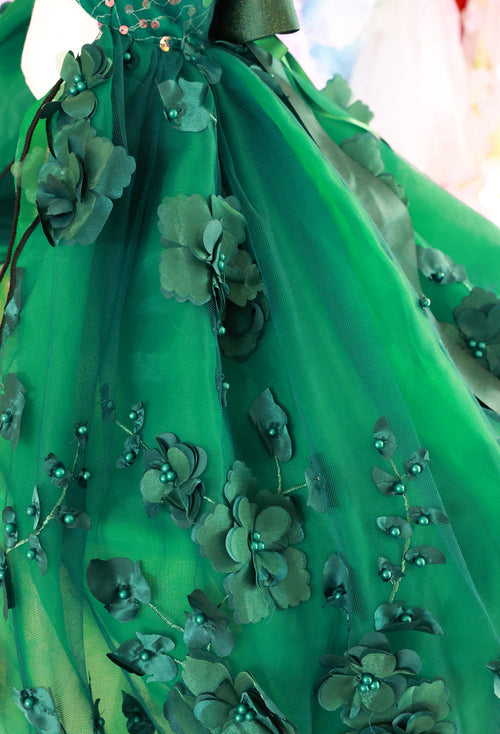 Emerald Forest Princess Luxury Dog Dress – Handmade Green Floral Ball Gown for Weddings & Photo Shoots