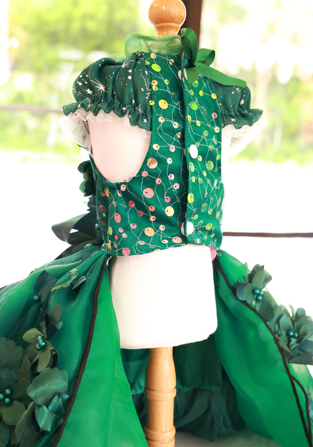 Emerald Forest Princess Luxury Dog Dress – Handmade Green Floral Ball Gown for Weddings & Photo Shoots