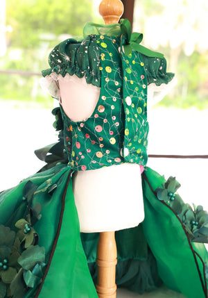 Emerald Forest Princess Luxury Dog Dress – Handmade Green Floral Ball Gown for Weddings & Photo Shoots