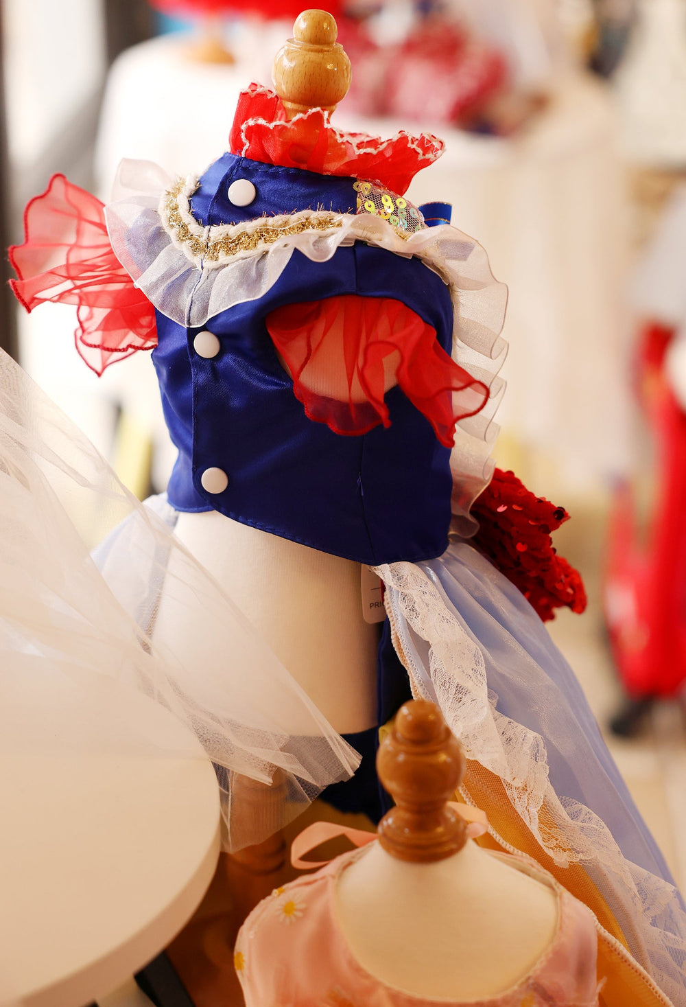 Luxury Fairytale Princess Dog Dress – Blue & Gold Royal Puppy Ball Gown with Sequin Bow Detail