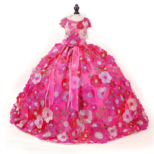Handmade Rosy Bloom Princess Couture Dog Dress – Hot Pink Floral Embroidery Wedding Gown with Long Train