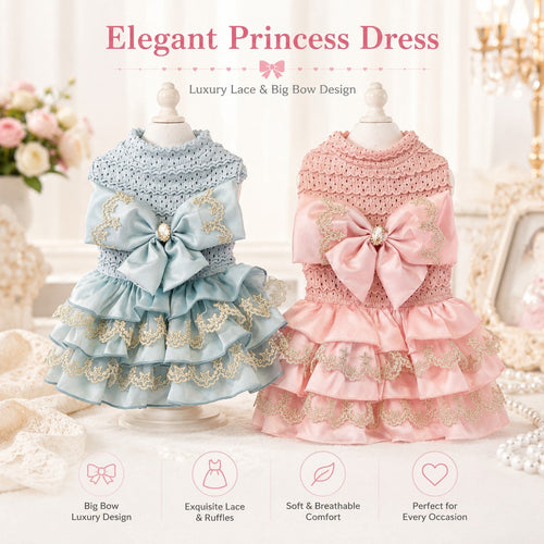 Luxury Princess Dog Dress with Big Bow | Lace Ruffle Puppy Party Dress