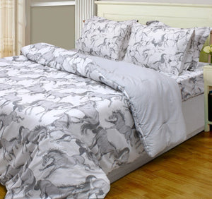 "Lila" Elegant Horse Comforter Set- White w/ Gray- King