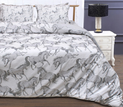 "Lila" Elegant Horse Comforter Set- White w/ Gray- King