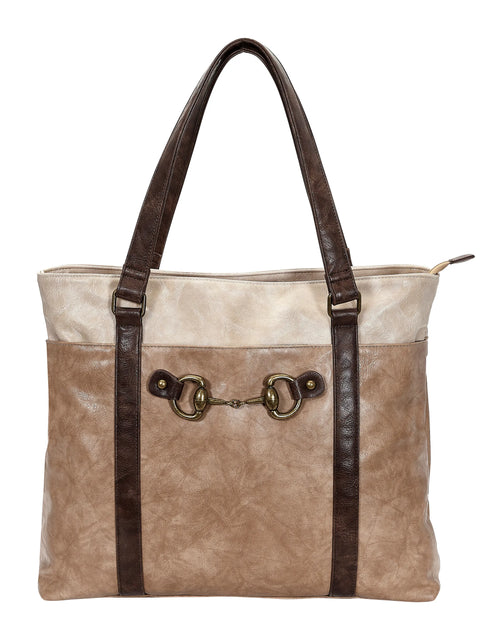 Colorblock Snaffle Bit Laptop Tote- Brown