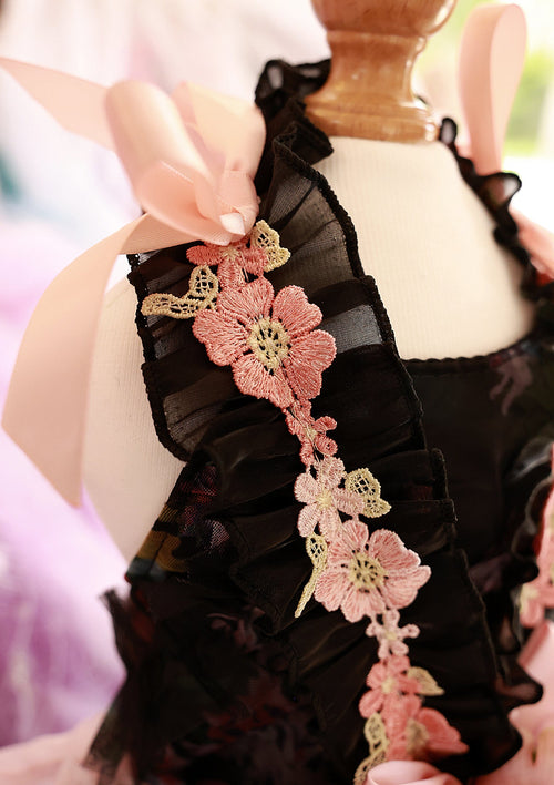 Black Floral Princess Dog Dress – Luxury Victorian Puppy Gown with Romantic Ruffle Train