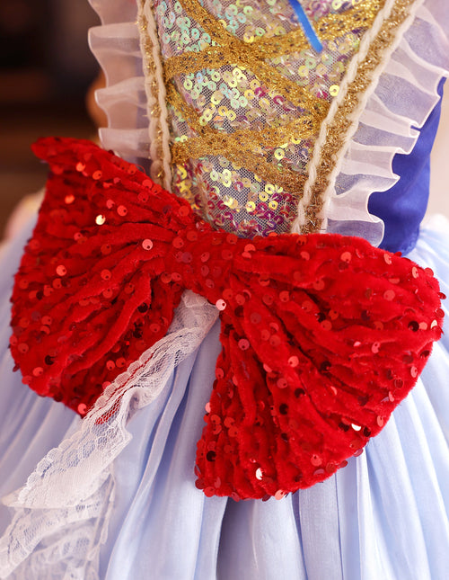 Luxury Fairytale Princess Dog Dress – Blue & Gold Royal Puppy Ball Gown with Sequin Bow Detail