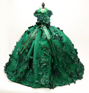 Emerald Forest Princess Luxury Dog Dress – Handmade Green Floral Ball Gown for Weddings & Photo Shoots