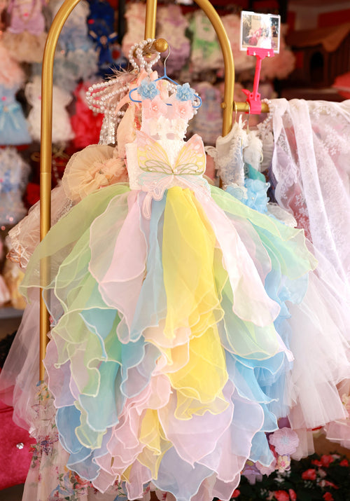 Handmade Pastel Butterfly Fairy Princess Dog Dress – Rainbow Layered Organza Couture Gown for Weddings, Birthdays & Photo Shoots