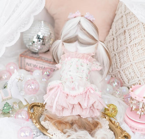 Princess Ruffle Dog Dress | Floral Puppy Party Dress with Pearl Bows