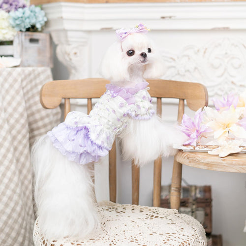 Princess Ruffle Dog Dress | Floral Puppy Party Dress with Pearl Bows