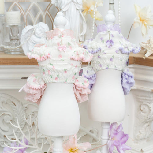 Princess Ruffle Dog Dress | Floral Puppy Party Dress with Pearl Bows
