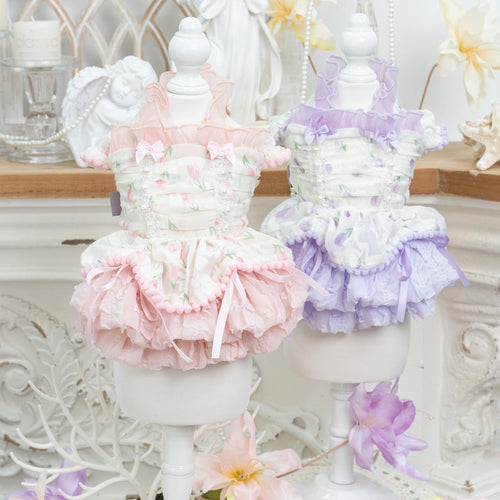 Princess Ruffle Dog Dress | Floral Puppy Party Dress with Pearl Bows