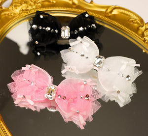 Pet Accessories Tulle Bow Hair Clip with Crystal Center Headwear