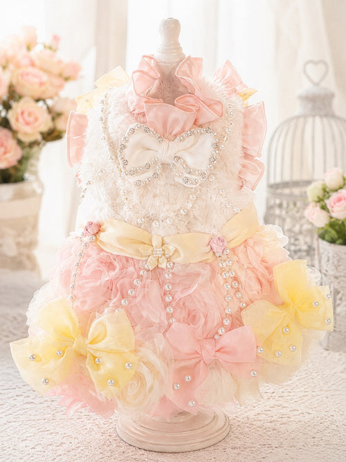 Luxury Pink Pearl Faux Fur Dog Dress | Handmade Princess Pet Dress for Small Dogs