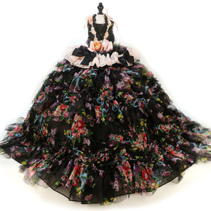 Black Floral Princess Dog Dress – Luxury Victorian Puppy Gown with Romantic Ruffle Train
