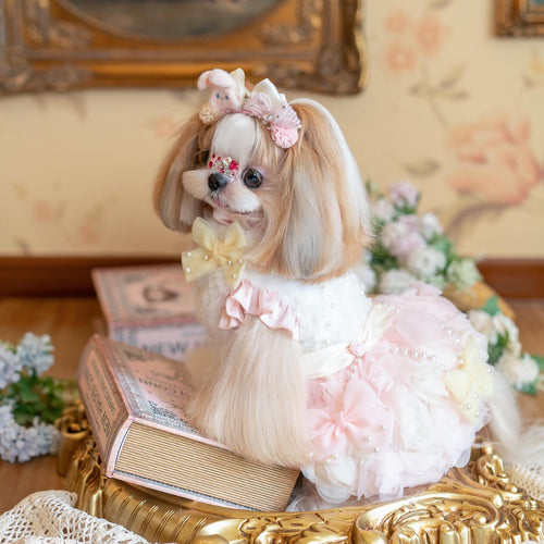 Luxury Pink Pearl Faux Fur Dog Dress | Handmade Princess Pet Dress for Small Dogs