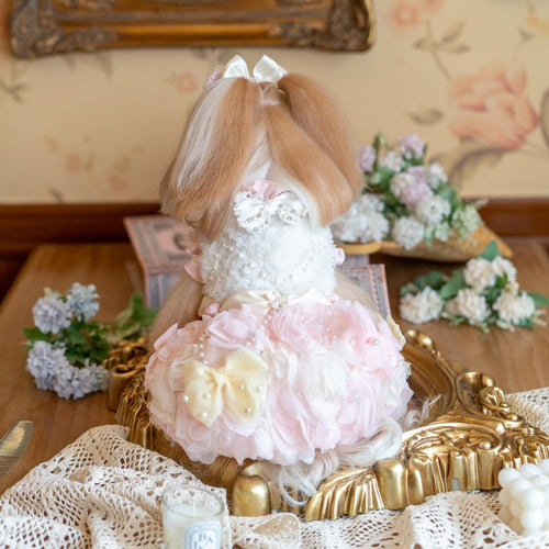 Luxury Pink Pearl Faux Fur Dog Dress | Handmade Princess Pet Dress for Small Dogs