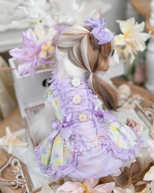 Princess Pearl Floral Dog Dress with Satin Bows