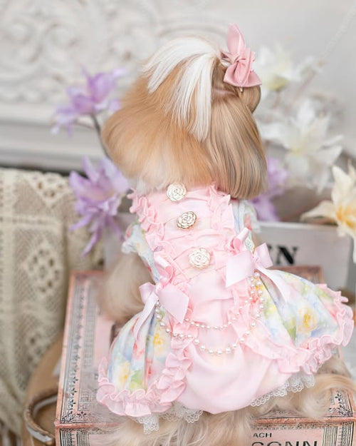 Princess Pearl Floral Dog Dress with Satin Bows