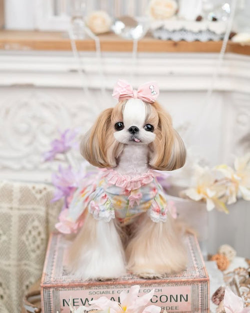 Princess Pearl Floral Dog Dress with Satin Bows