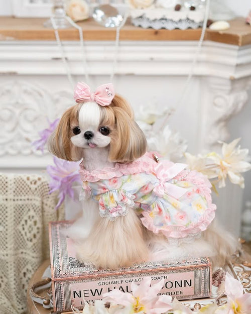 Princess Pearl Floral Dog Dress with Satin Bows