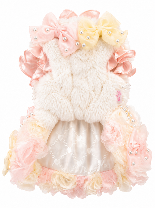 Luxury Pink Pearl Faux Fur Dog Dress | Handmade Princess Pet Dress for Small Dogs