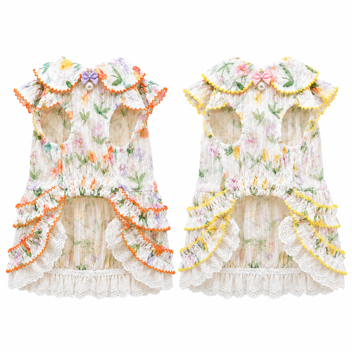 Floral Lace Dog Dress | Cottagecore Pet Princess Dress with Bow & Pearl Buttons
