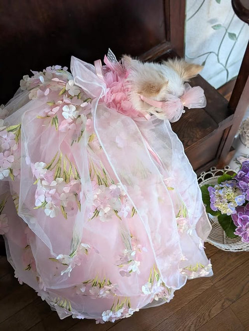Pink Floral Princess Dog Dress – Luxury Embroidered Puppy Gown with 3D Flowers & Satin Bow