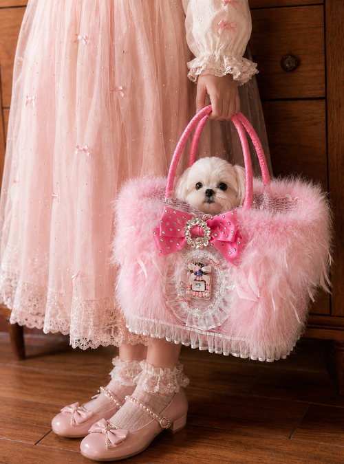 Luxury Pink Feather Pet Carrier Bag with Bow & Crystal Charm – Designer Dog Tote for Small Dogs Cats