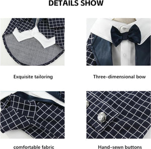 Plaid Tuxedo Dog Suit Outfit with Shirt Bow Tie(Layered-look)