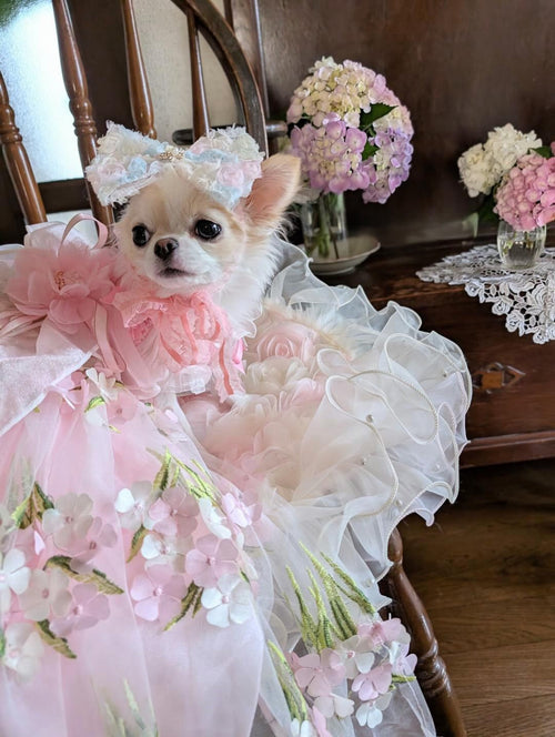 Pink Floral Princess Dog Dress – Luxury Embroidered Puppy Gown with 3D Flowers & Satin Bow