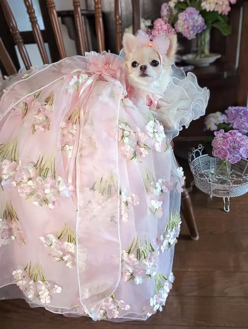 Pink Floral Princess Dog Dress – Luxury Embroidered Puppy Gown with 3D Flowers & Satin Bow