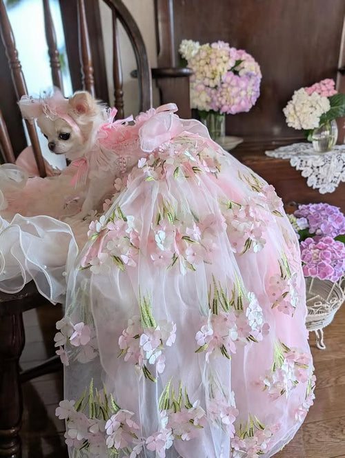 Pink Floral Princess Dog Dress – Luxury Embroidered Puppy Gown with 3D Flowers & Satin Bow