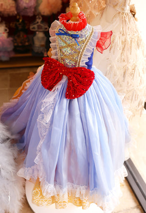 Luxury Fairytale Princess Dog Dress – Blue & Gold Royal Puppy Ball Gown with Sequin Bow Detail
