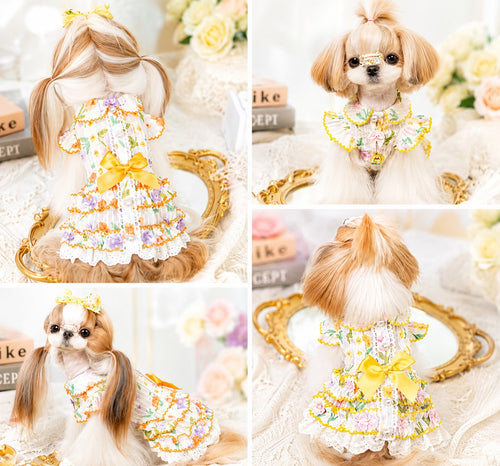 Floral Lace Dog Dress | Cottagecore Pet Princess Dress with Bow & Pearl Buttons