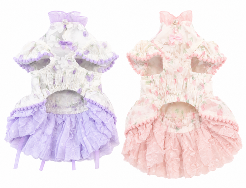 Princess Ruffle Dog Dress | Floral Puppy Party Dress with Pearl Bows
