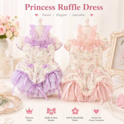 Princess Ruffle Dog Dress | Floral Puppy Party Dress with Pearl Bows