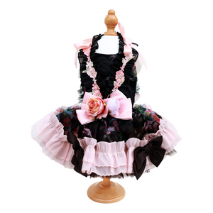Black Floral Princess Dog Dress – Luxury Victorian Puppy Gown with Romantic Ruffle Train