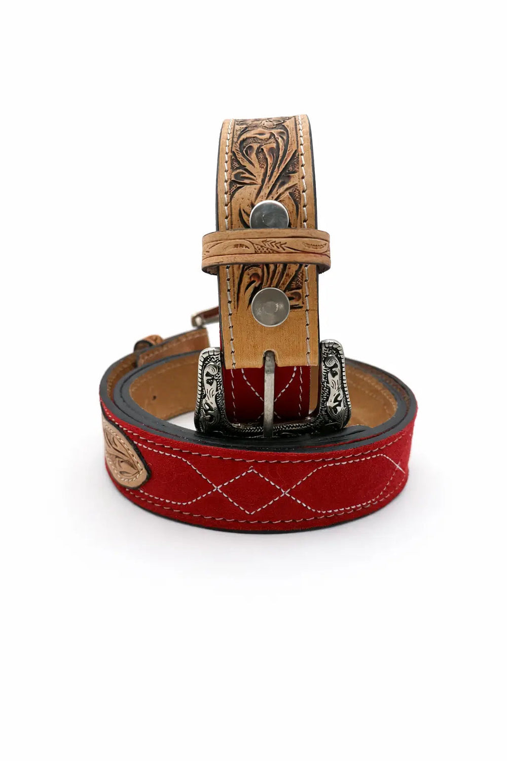 Western Stitch Genuine Suede & Hand Tooled Leather Belt -Red