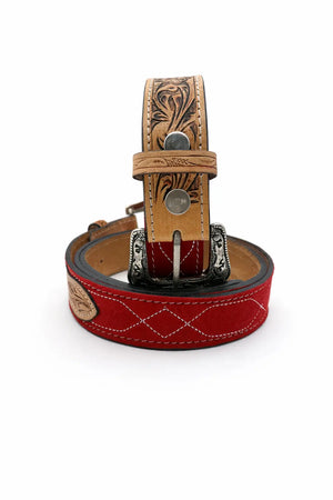 Western Stitch Genuine Suede & Hand Tooled Leather Belt -Red