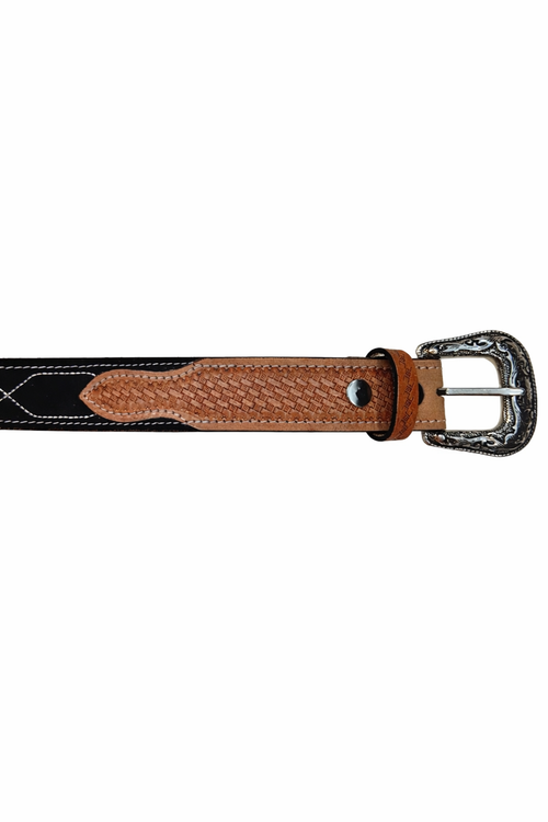 Western Stitch Genuine Suede & Hand Tooled Leather Belt -Black